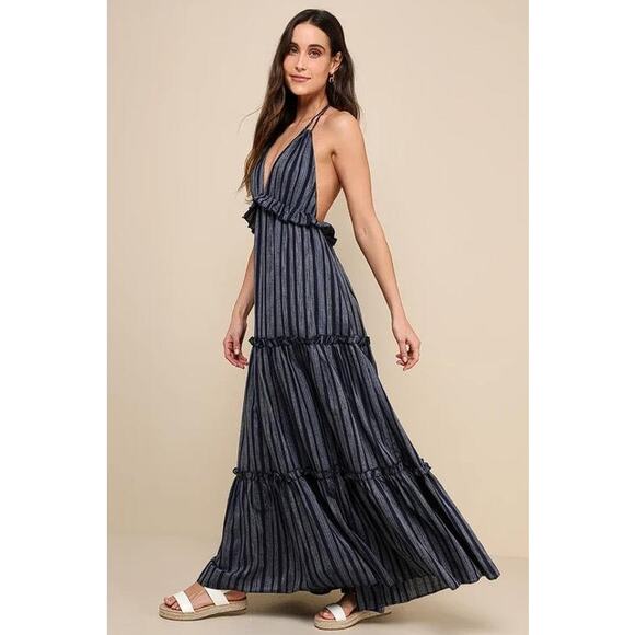 LULUS Women's Vacay Babe Navy Blue Striped Halter Maxi Dress Size M - Picture 2 of 11